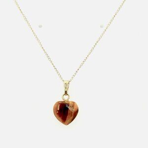 Heart Shape Tiger Eye Stone Pendant Necklace Set in 14K Yellow Gold